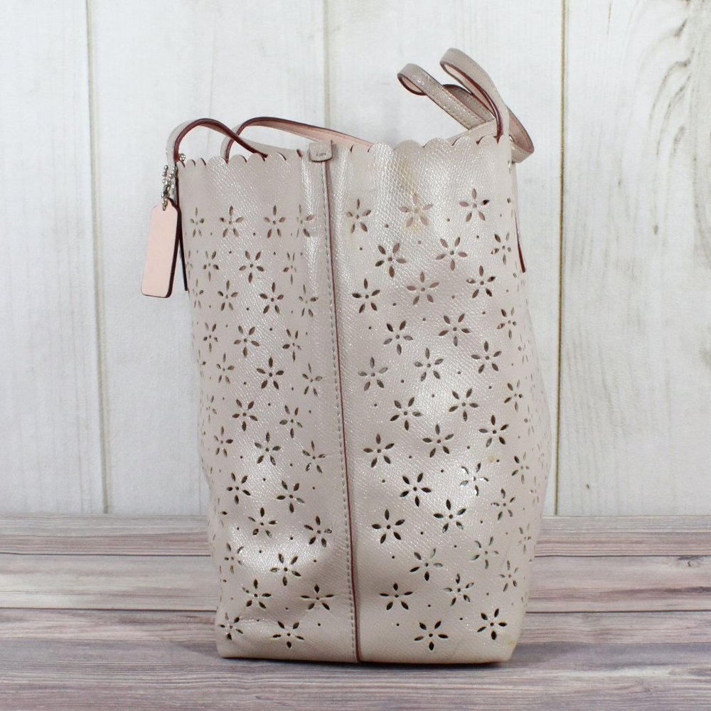 COACH Purple Floral Cutout Leather Tote Handbag - Picture 5 of 11